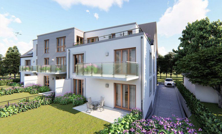 Gartenansicht Kaarst Etagenwohnung + Kaarst - zentrumsnah + Neubauerstbezug + ab 01.10. + barrierearm + 2 Zimmer + Balkon + ca.58 m� +