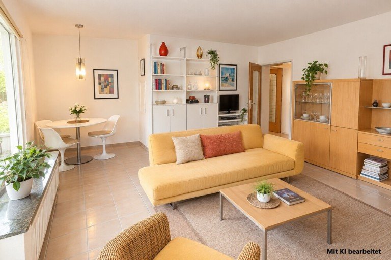 Wohnzimmer - mit KI bearbeitet Kaarst Erdgeschosswohnung + Kaarst + Erdgeschosswohnung + ca. 67 m� Wohnfl�che + 2 Zimmer + inkl. Einbauk�che + TG-Stellplatz +