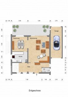 Grundriss Erdgeschoss + B�ttgen + Einfamilienhaus + Baujahr 1975 + ca. 423 m� Grundst�ck + ca. 131 m� Wohnfl�che + Garage +