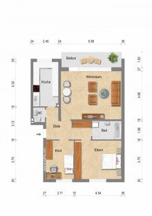 1. Obergeschoss rechts + Kaarst + 3-Zimmerwohnung + Bj. 1969 + ca. 82 m� Wohnfl�che + 1. OG  + Balkon + Garage +